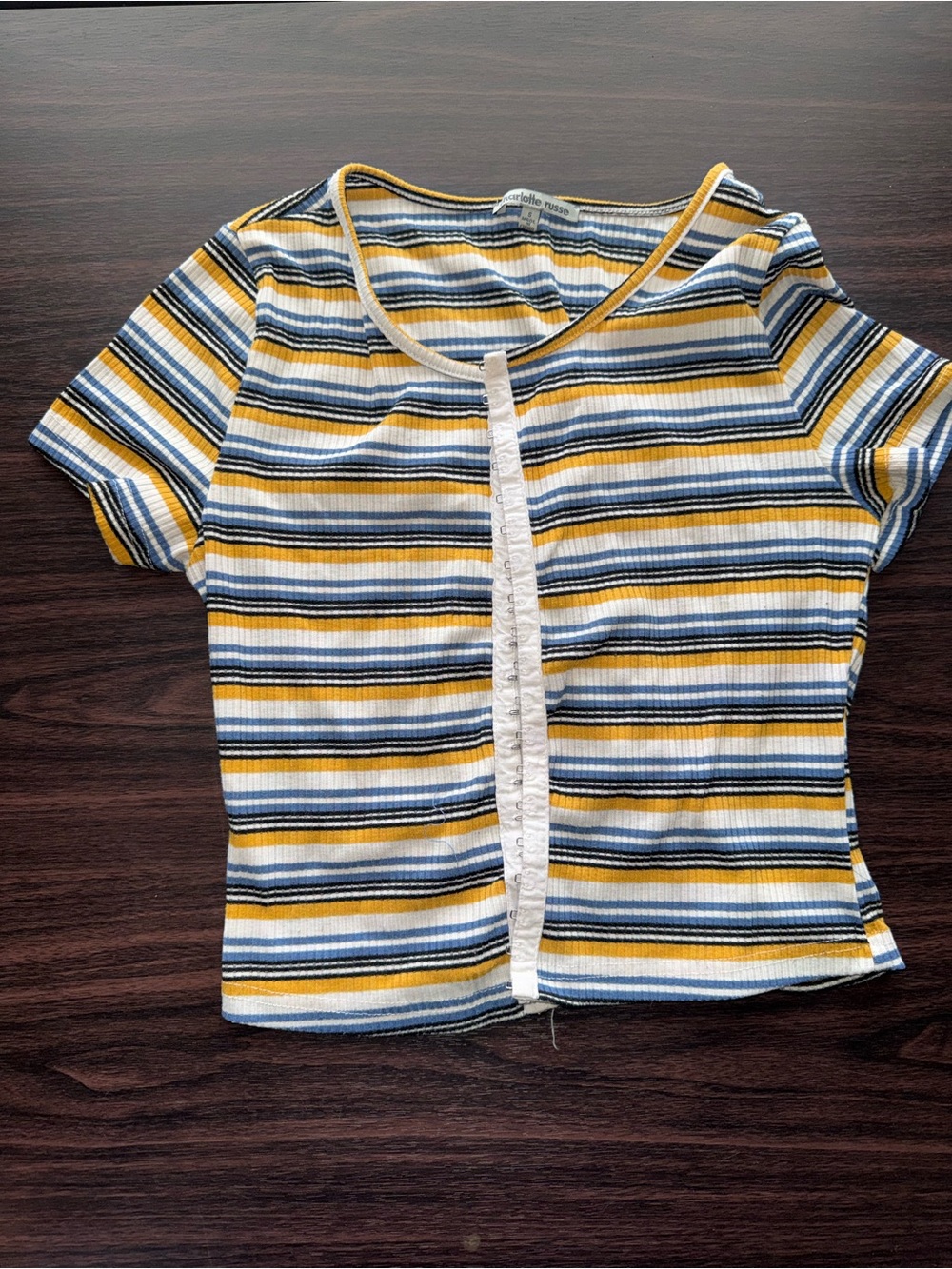 Charlotte Russe Striped Ribbed Crop Top in Mustard, Navy & White